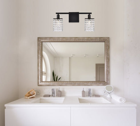 Elegant Lighting Phineas 2 lights bath sconce in black with clear crystals in Black and Clear Finish Model: LD7008BK