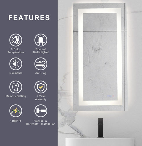 Elegant Lighting Riven 2 Strip Light LED Mirror W30 H72 3000 6000K Dim in White Finish Model: MRE83072