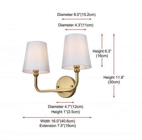 Elegant Lighting Senna 16 inch Wall Sconce in Satin Gold in Satin Gold and White Finish Model: LD7322W16SG