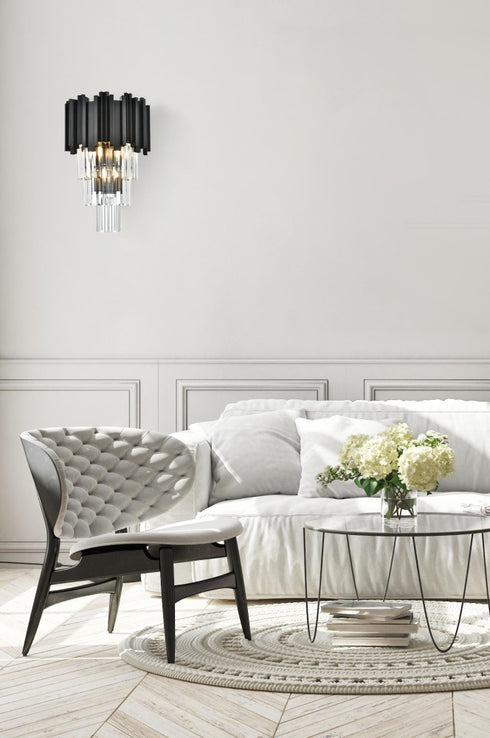 Elegant Lighting Willow 3 Light Wall Sconce W12 Inch H18 Inch L2 Black in Black and Clear Finish Model: 3400W12BK