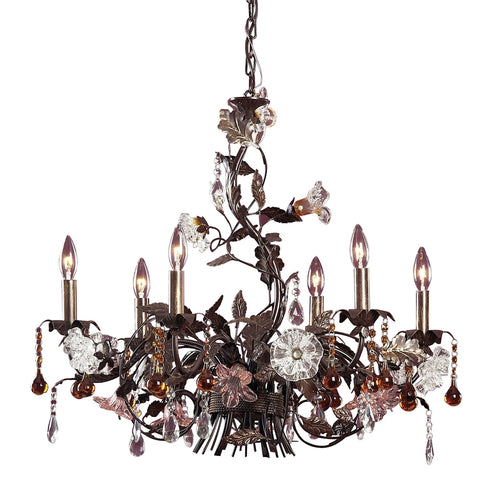Elk Cristallo Fiore 6 Light Chandelier in Deep Rust with Clear and Amber Florets Model: 85002