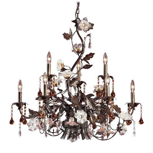 Elk Cristallo Fiore 9 Light Chandelier in Deep Rust with Clear and Amber Florets Model: 85003
