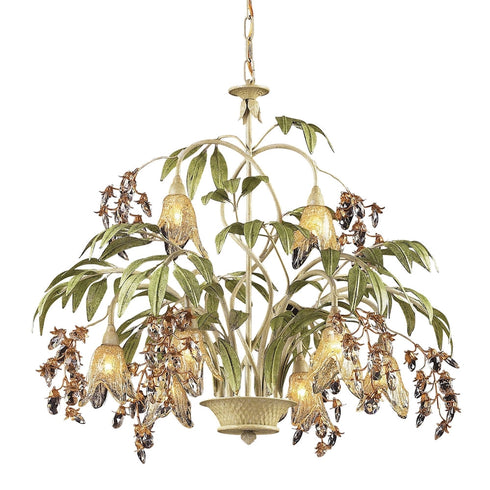 Elk Huarco 8 Light Chandelier in Seashell and in Sage Green with Floral shaped Glass Model: 86054