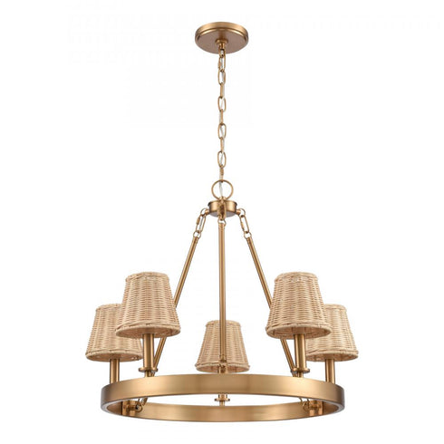 Elk Rydell 24.5 Inch Wide 5 Light Chandelier in Brushed Gold and Rattan Model: EC89756/5