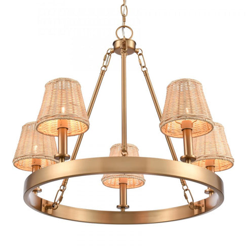 Elk Rydell 24.5 Inch Wide 5 Light Chandelier in Brushed Gold and Rattan Model: EC89756/5