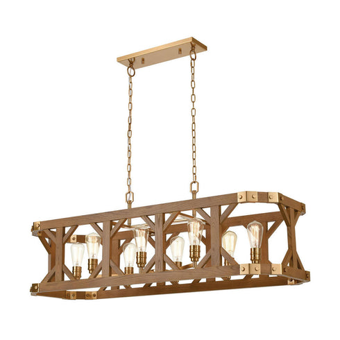 Elk Structure ISLAND LIGHT in Satin Brass Medium Oak Medium Oak Finish Model: 33325/8