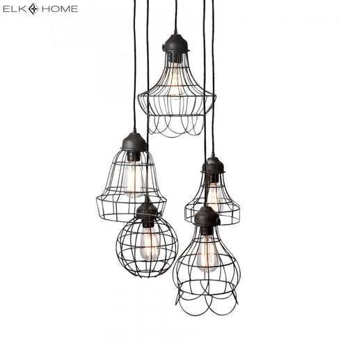 Elk Wire 5 Light Mini Pendant with Wire Cages in Five Shapes in Black Finish Model: 225031
