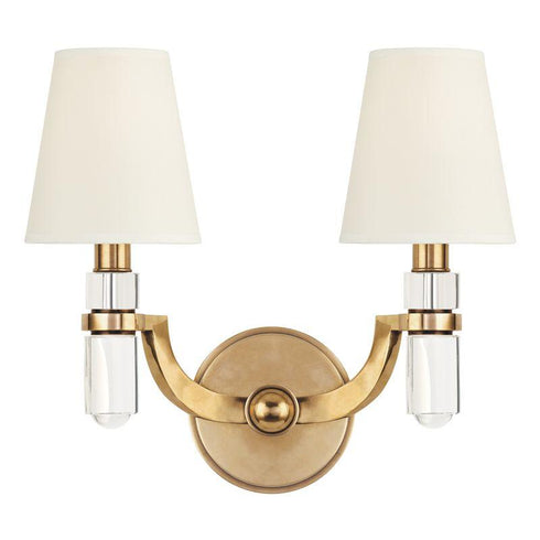 Hudson Valley Dayton 2 LIGHT WALL SCONCE With WHITE SHADE in Aged Brass Finish Model: 982-AGB-WS