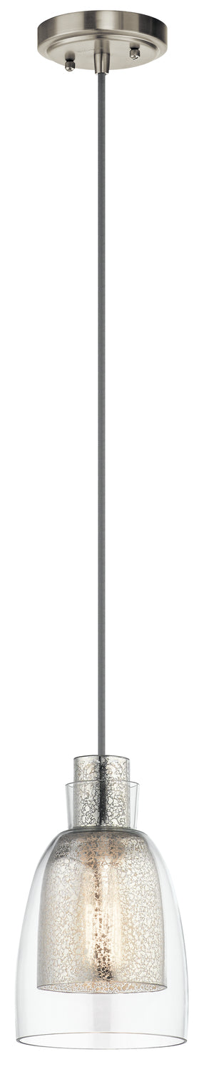 Kichler Evie 9.5 Inch 1 Light Mini Pendant with Goblet Shaped Clear Outer and Antique Mercury Inner Glass in Brushed Nickel Finish Model: 43625NI