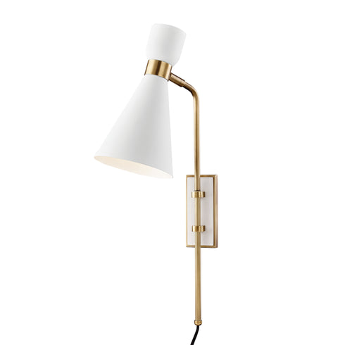 Mitzi Willa Plug in Sconce in Aged Brass / Soft Off White Finish Model: HL295101-AGB/WH