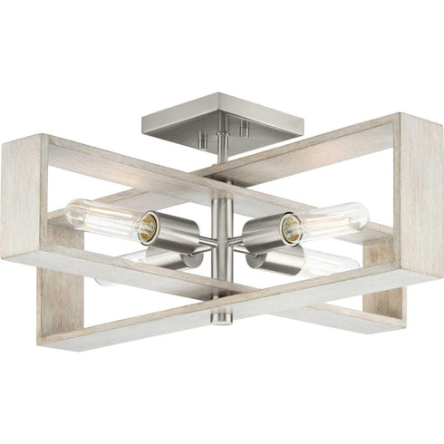 Progress Boundary Collection 24 in. Four Light in Brushed Nickel Grey Washed Oak Modern Flush Mount Light Model: P350269-009