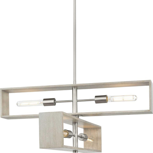 Progress Boundary Collection Four Light in Brushed Nickel Grey Washed Oak Modern Chandelier Model: P400370-009