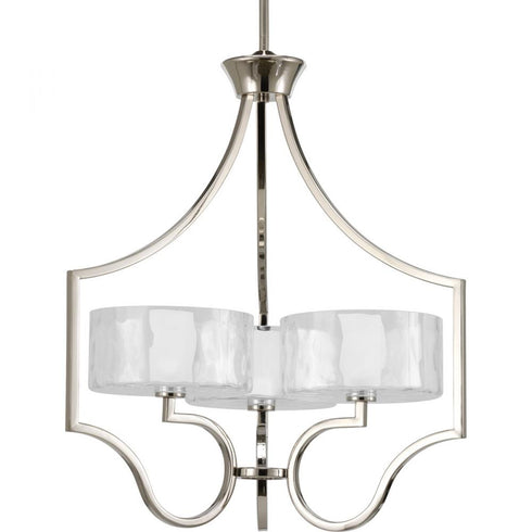 Progress Caress Collection Three Light in Polished Nickel Clear Water Glass Luxe Chandelier Light Model: P4644-104WB
