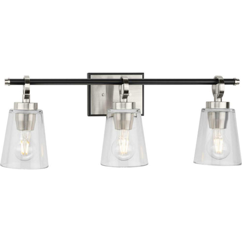 Progress Cassell Collection Three Light in Brushed Nickel Matte Black Luxe Industrial Bath & Vanity Light Model: P300482-009