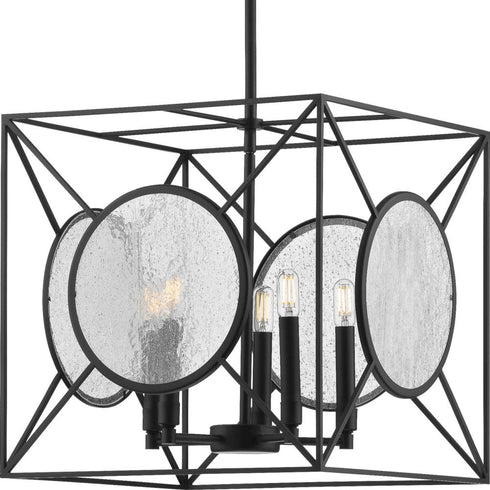 Progress Cumberland Collection Five Light in Matte Black Clear Seeded Glass Farmhouse Pendant Light Model: P500233-031