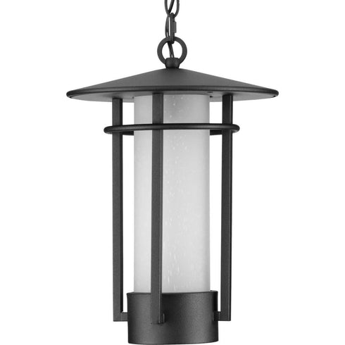 Progress Exton Collection One Light in Textured Black and Etched Seeded Glass Modern Style Outdoor Hanging Penda Model: P550097-031