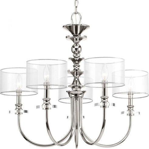 Progress Marche Collection Five Light in Polished Nickel Grey Mylar Shade Luxe Chandelier Light Model: P400049-104