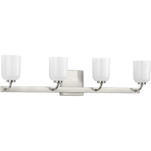 Progress Moore Collection Four Light in Brushed Nickel White Opal Glass Luxe Bath Vanity Light Model: P300283-009