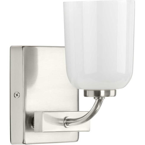 Progress Moore Collection One Light in Brushed Nickel White Opal Glass Luxe Bath Vanity Light Model: P300280-009