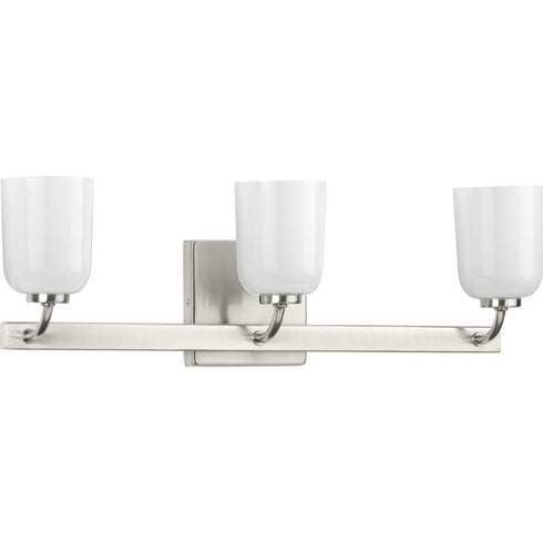 Progress Moore Collection Three Light in Brushed Nickel White Opal Glass Luxe Bath Vanity Light Model: P300282-009
