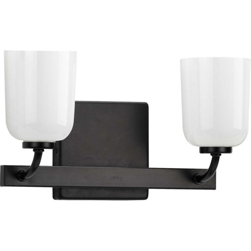 Progress Moore Collection Two Light in Satin Brass White Opal Glass Luxe Bath Vanity Light Model: P300281-012
