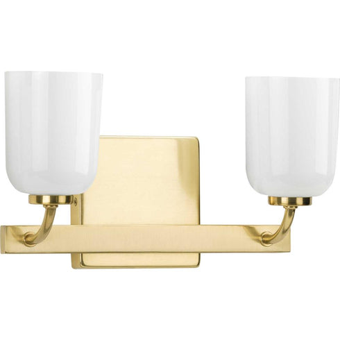 Progress Moore Collection Two Light in Satin Brass White Opal Glass Luxe Bath Vanity Light Model: P300281-012