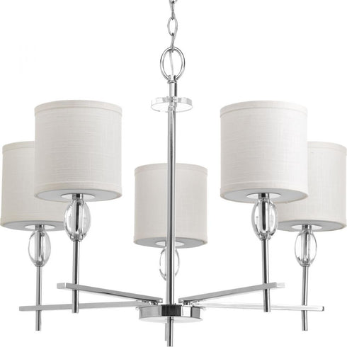 Progress Status Collection Five Light in Polished Chrome Off White Textured Linen Shade Coastal Chandelier Light Model: P4141-15
