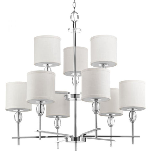 Progress Status Collection Nine Light in Polished Chrome Off White Textured Linen Shade Coastal Chandelier Light Model: P4142-15