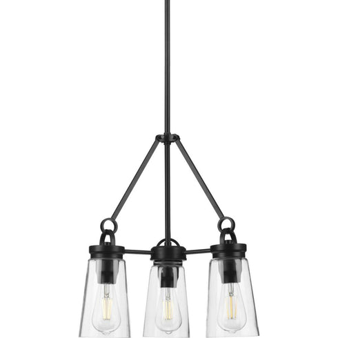 Progress Stockbrace Collection Three Light in Matte Black and Clear Glass Farmhouse Style Chandelier Light Model: P400235-031