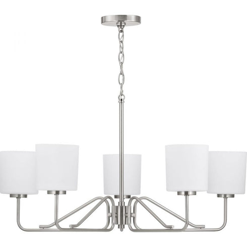 Progress Tobin Collection Five Light in Brushed Nickel Etched White Glass Modern Chandelier Light Model: P400182-009