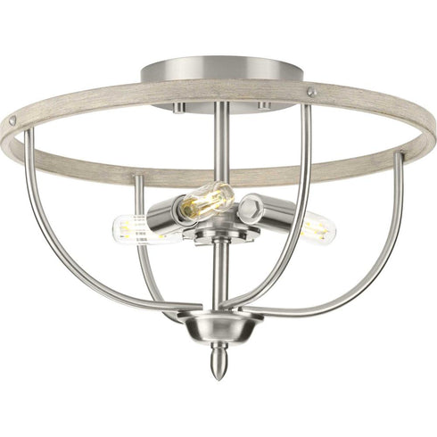 Progress Vinings Collection Three Light in Brushed Nickel and Grey Washed Oak Flush Mount Ceiling Light Model: P350211-009
