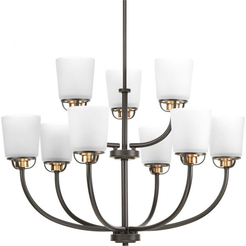 Progress West Village Collection Nine Light in Brushed Nickel Etched Double Prismatic Glass Farmhouse Chandelier Model: P400010-009