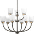 Progress West Village Collection Nine Light in Brushed Nickel Etched Double Prismatic Glass Farmhouse Chandelier Model: P400010-009