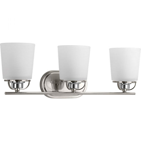 Progress West Village Collection Three Light in Brushed Nickel Etched Double Prismatic Glass Farmhouse Bath Vani Model: P300006-009