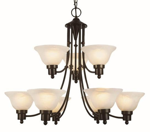 Trans Globe Perkins 9 Light 9 Shade Glass Bell 2 Tier Chandelier with Chain Brushed Nickel Finish Model: 6549 BN