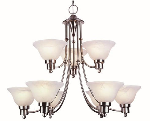 Trans Globe Perkins 9 Light 9 Shade Glass Bell 2 Tier Chandelier with Chain Brushed Nickel Finish Model: 6549 BN