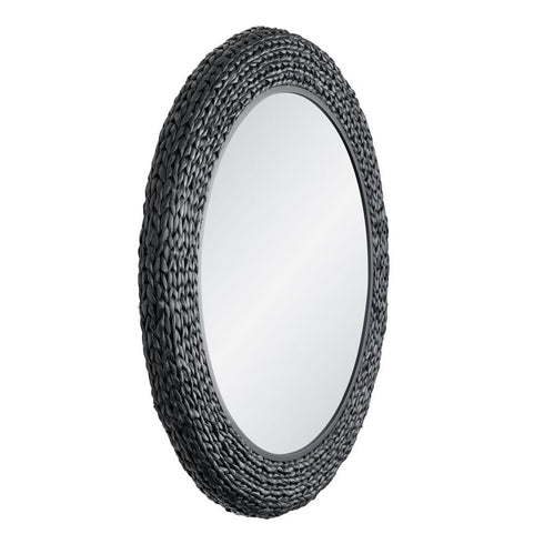 Varaluz Athena 40 in Round Wall Mirror Matte Blac Black Seagrass in Matte Black/Black Seagrass Finish Model: 457MI40MBB