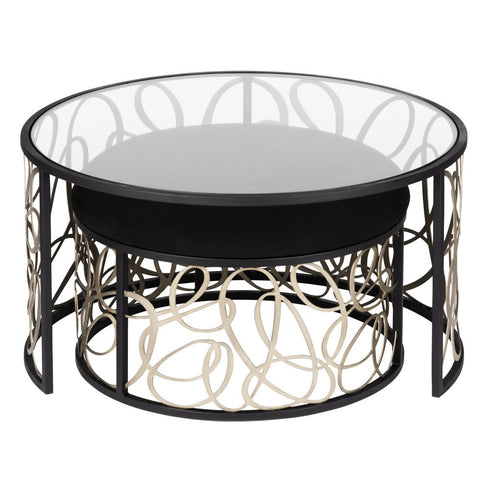 Varaluz Scribble Nesting Coffee Table and Ottoman Matte Blac Artifact in Matte Black/Artifact Finish Model: 381TC32NMBAR
