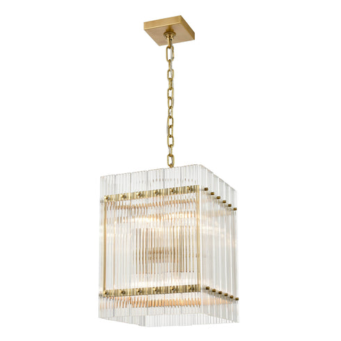 ZEEV Lighting ALLURE 8 Light Fluted Glass Panel in Aged Brass Square Pendant Light Model: P30101-8-AGB