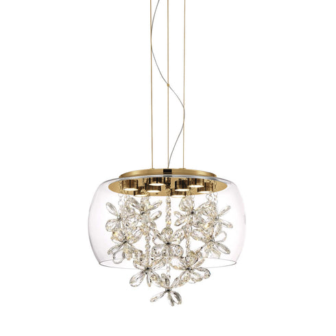 Zeev Lighting DESTINY 8 Light LED 16 Inch Clear Glass Dome Shade Pendant Light in Aged Brass Finish Model: P30110-LED-AGB