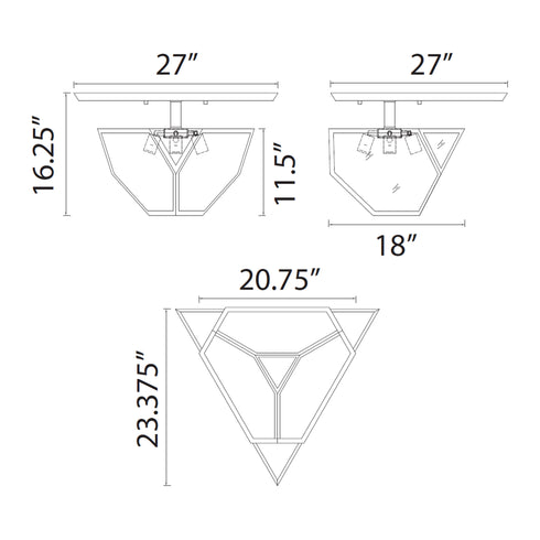 Zeev Lighting MOONBOW 3 Light 3 Light 21 Inch Architectural Glass in Satin Brushed Black Semi Flush Mount Model: SF50011-3-SBB