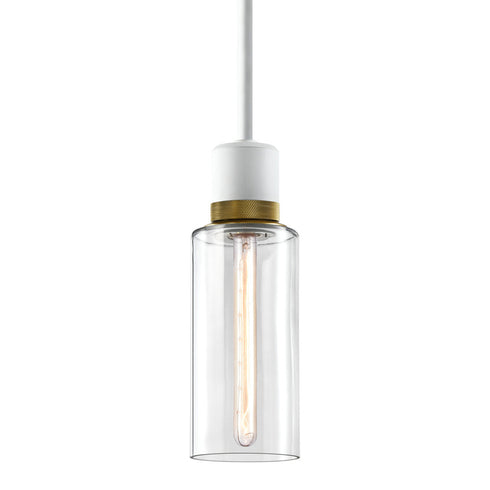 ZEEV Lighting ZIGRINA 3 Inch E26 Cylindrical Pendant Light 12 Inch Clear Glass and in Matte White with Brass Finish Model: P11706-E26-MW-K-AGB-G1